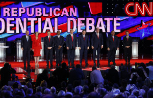 Republican U.S. presidential candidates pose before the start of the Republican presidential debate in Las Vegas