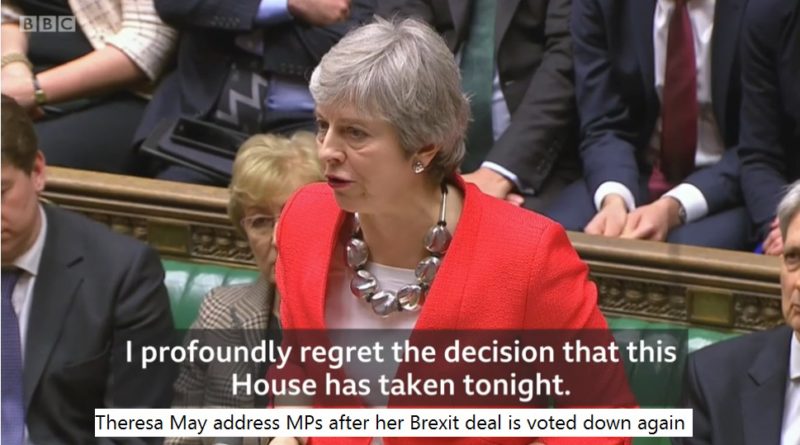 Theresa May address MPs after her Brexit deal is voted down again