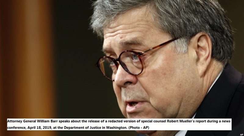 Attorney General William Barr speaks about the release of a redacted version of special counsel Robert Mueller's report during a news conference, April 18, 2019, at the Department of Justice in Washington.