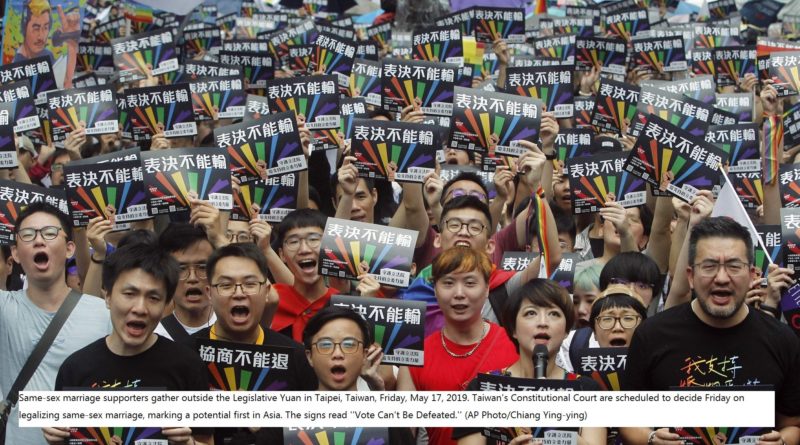 Same-sex marriage supporters gather outside the lLegislative Yuan in Yaipei, Taiwan, Friday, May, 2019 (Photo - AP Chiang Ying-ying)