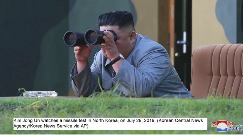 Kim Jong Un watches a missile test in North Korea, on July 26, 2019. (Korean Central News Agency/Korea News Service via AP)