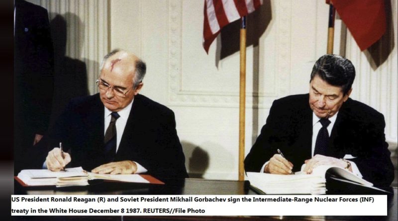 US President Ronald Reagan (R) and Soviet President Mikhail Gorbachev sign the Intermediate-Range Nuclear Forces (INF) treaty in the White House December 8 1987. REUTERS//File Photo