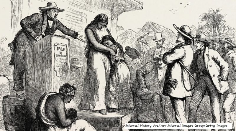 This 1870s engraving depicts an enslaved woman and young girl being auctioned as property.